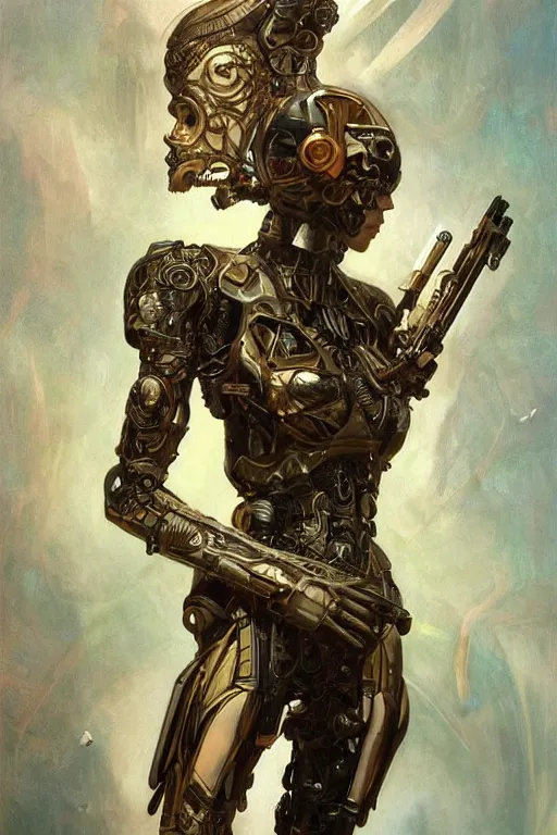 Image similar to organic cyborg holding a weapon, art deco, soft lighting, sci fi fantasy, intricate, elegant, highly detailed, lifelike, photorealistic, 2d matte illustration, artstation, illustration, concept art, smooth, sharp focus, art by John Collier and Albert Aublet and Krenz Cushart and Artem Demura and Alphonse Mucha