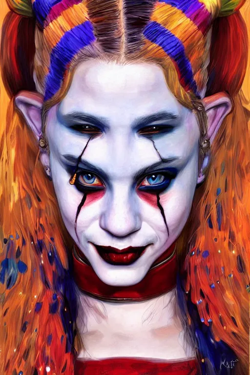 Image similar to portrait of beautiful young Harley Quinn maiden, highly detailed, artstation, illustration, art by Gustav Klimt