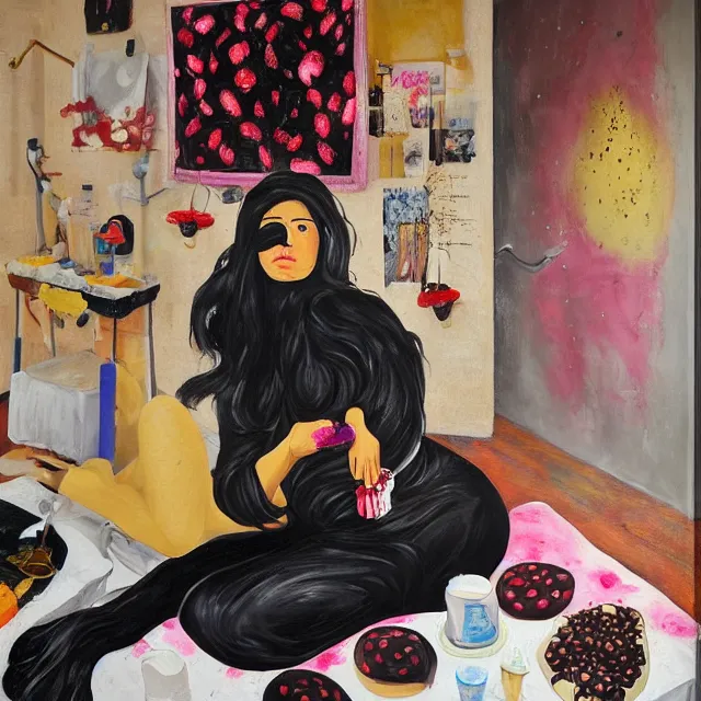 Image similar to a portrait in a female art student's bedroom, black walls, a woman sitting on a bed made of pancakes, honey dripping, berries dripping, chocolate, surgical supplies, ikebana, octopus, neo - expressionism, surrealism, acrylic and spray paint and oilstick on canvas