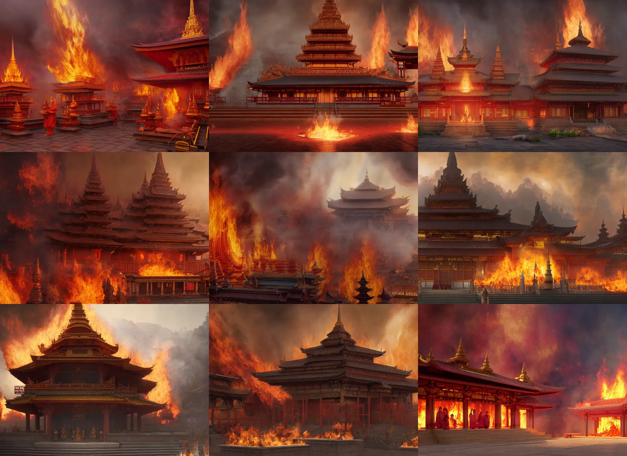 Prompt: burning buddhist temple, by james gurney, matte painting, 4 k, masterpiece, digital art, octane render, good lighting, epic