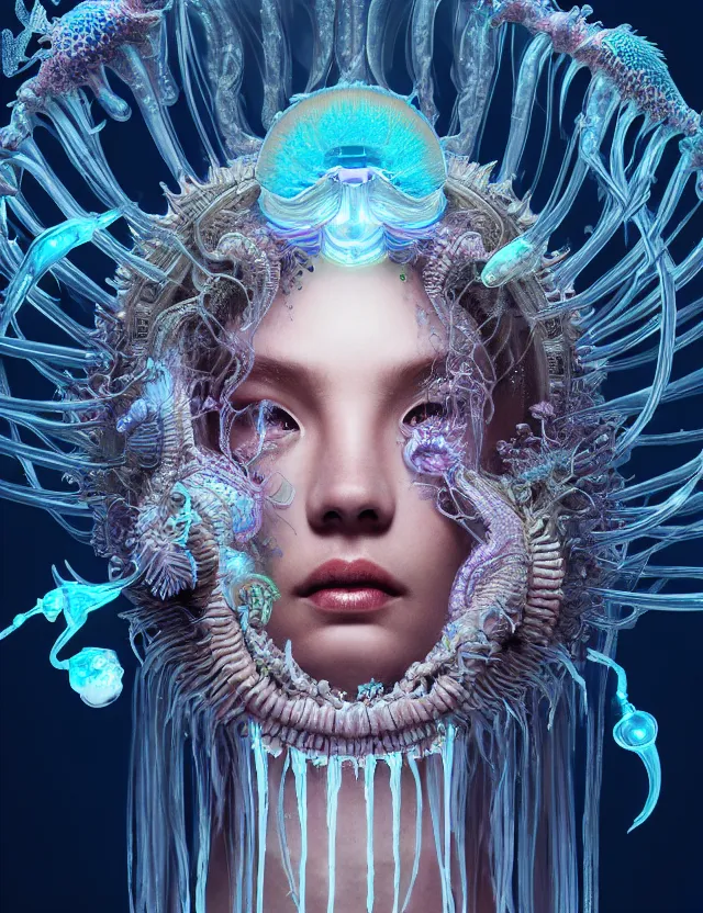 Image similar to goddess macro close - up portrait in crown made of ram skull. betta fish, jellyfish phoenix, bioluminiscent, plasma, ice, water, wind, creature, super intricate ornaments artwork by tooth wu and wlop and beeple and greg rutkowski