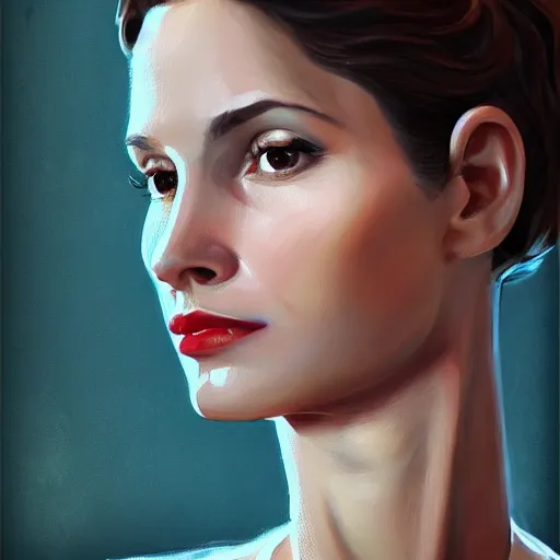 Prompt: A videogame portrait of a Spanish young woman in her 40's with high cheekbones. Good bone structure. Dressed in 1940s style. Highly detailed, fine Art, high detail, great lighting, 8k resolution, masterpiece, concept art, illustration, clear eyes, painting oil on canvas, octane render, HDR, trending on artstation, 4k, 8k, HD