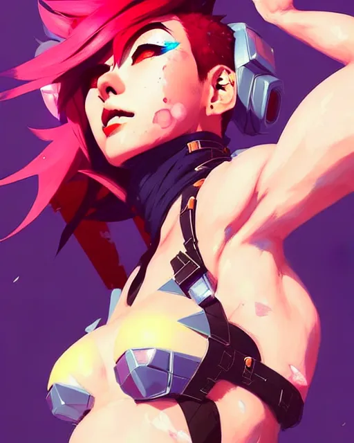 Image similar to a ultradetailed painting of vi from league of legends by conrad roset, greg rutkowski and makoto shinkai trending on artstation