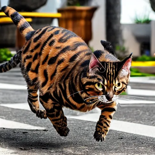 Image similar to a bengal cat in Robocop style armor chasing mice