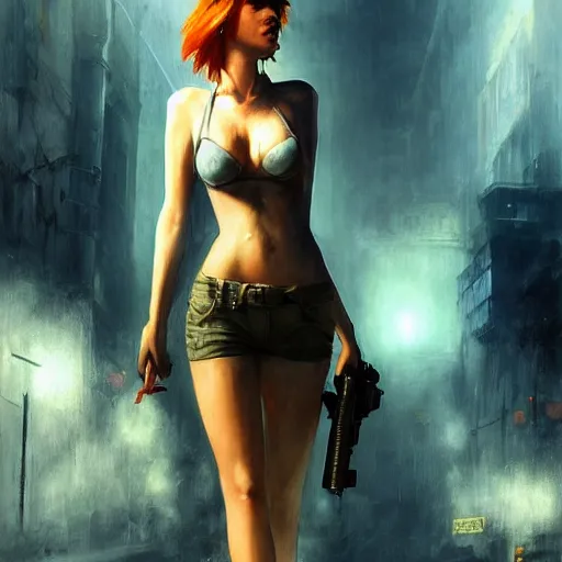 Image similar to bella thorne with gun, hyperrealistic full figure, bladerunner street alley, art of elysium by frank frazetta and by jeremy mann, fantasy art, photo realistic, dynamic lighting, artstation, full figure poster, volumetric lighting, very detailed face, 4 k, award winning