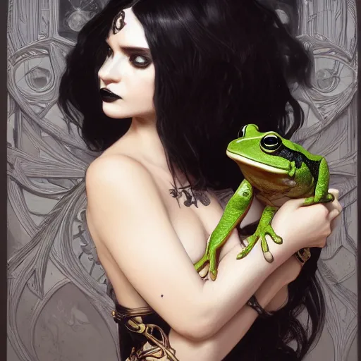 Prompt: attractive goth woman with a frog, intricate, highly detailed, digital painting, artstation, concept art, smooth, sharp focus, illustration, unreal engine 5, 8 k, art by artgerm and greg rutkowski and alphonse mucha