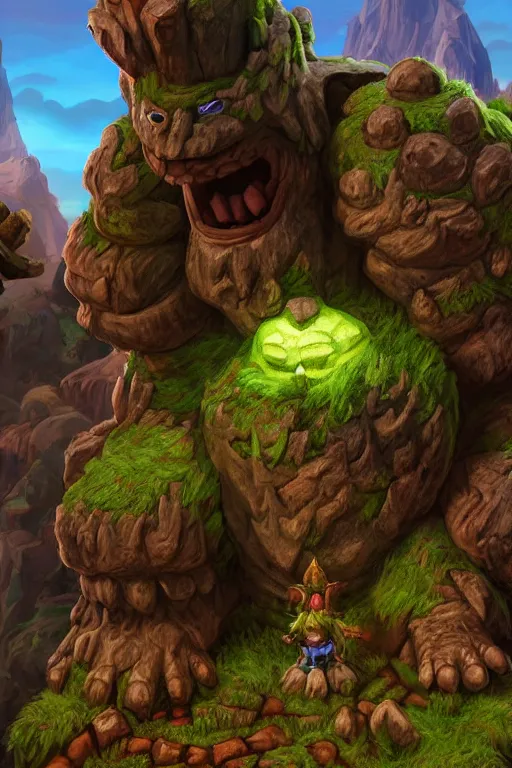 Image similar to zelda fantasy art giant golem troll wood rock greeble gemstone, global illumination ray tracing hdr fanart arstation by sung choi and eric pfeiffer and gabriel garza and casper konefal