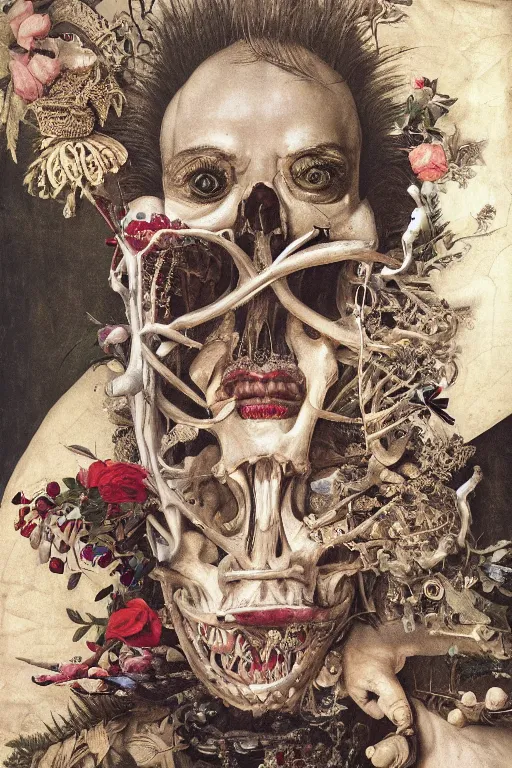 Image similar to Detailed maximalist portrait a man lying on bed with large lips and with large white eyes, exasperated expression, botany bones, HD mixed media, 3D collage, highly detailed and intricate, surreal illustration in the style of Caravaggio, dark art, baroque