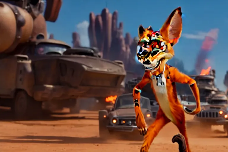 Image similar to nick wilde ( from zootopia ), heavily armed and armored facing down armageddon in a dark and gritty reboot from the makers of mad max : fury road