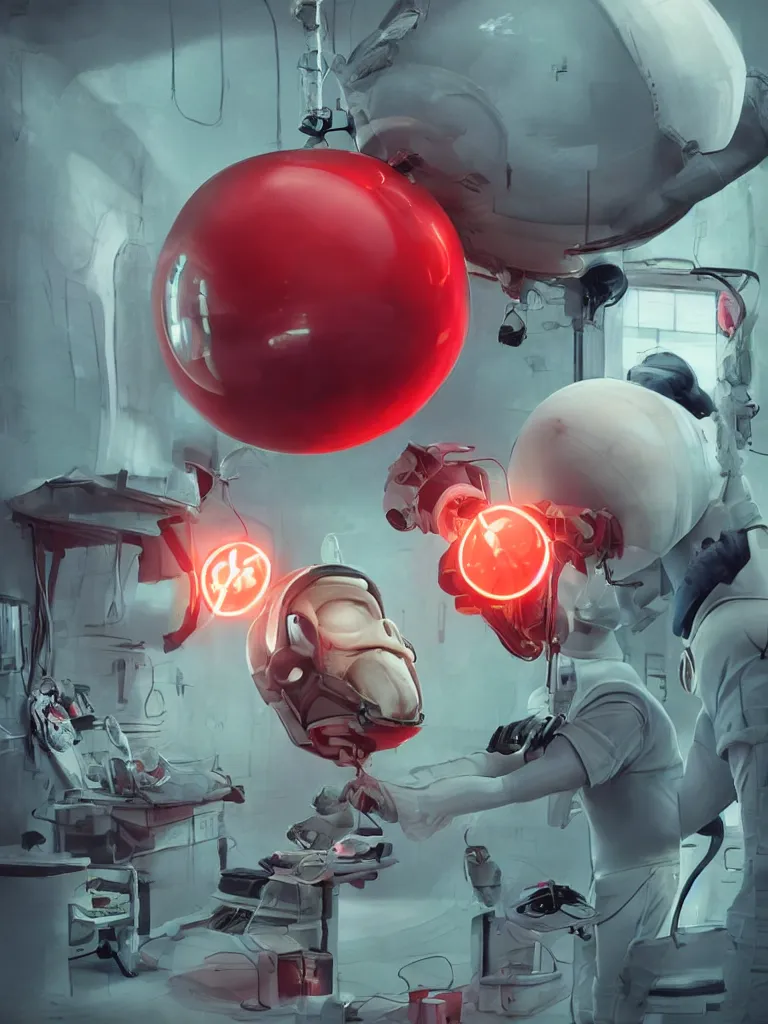 Prompt: graphic art of dystopian futuristic 1 0 mechanic surgeons astronaut humans, operate on a dead mickeymouse!!! head balloon float brain exposed, held by a crane. ominous glowing red netflix!!! sign in the background, trending on art station, beeple!!, clean concept art, smooth, octane render, minimal