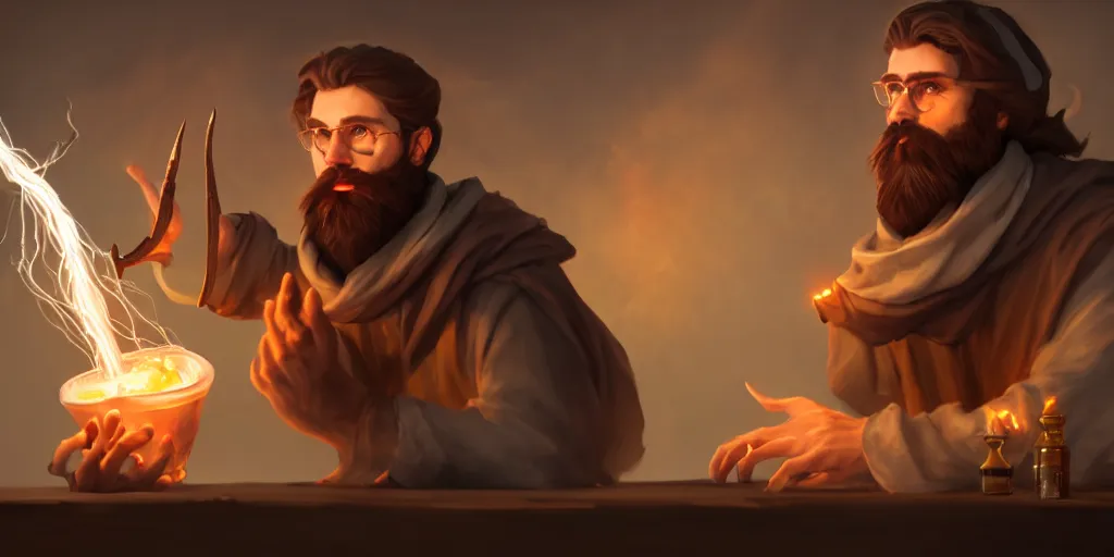 Image similar to a handsome bearded caucasian male sorcerer with brown hair he is casting a spell with flowing energy, he is in a alchemist lab filled with beakers and equipment, neutral pose, epic composition, 4 k, trending on artstation, by jason chan