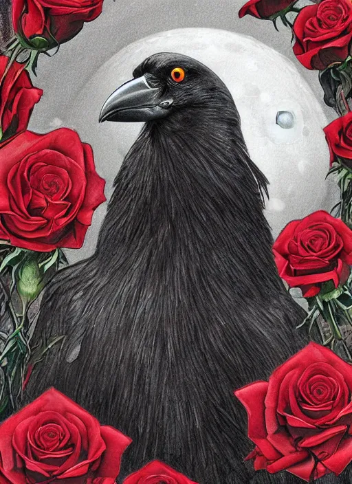 Image similar to portrait, A crow with red eyes in front of the full big moon, book cover, red roses, red white black colors, establishing shot, extremly high detail, foto realistic, cinematic lighting, pen and ink, intricate line drawings, by Yoshitaka Amano, Ruan Jia, Kentaro Miura, Artgerm, post processed, concept art, artstation, matte painting, style by eddie mendoza, raphael lacoste, alex ross