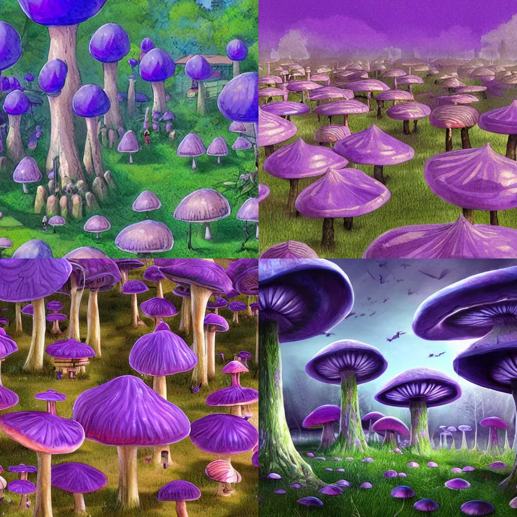 Prompt: a fantasy village built of stilt houses in a forest of giant violet mushrooms, atmospheric, detailed concept art