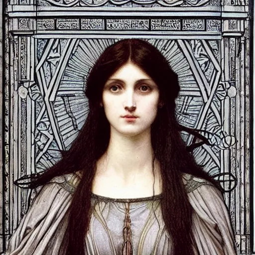 Image similar to Symmetric Pre-Raphaelite painting of a beautiful mystic woman with dark hair in a very detailed silk dark grey dress by John William Waterhouse, zoomed out, surrounded by a dark gothic frame of highly detailed mathematical drawings of neural networks and geometry by Doré, highly detailed mathematical drawings of geometry by HG Giger