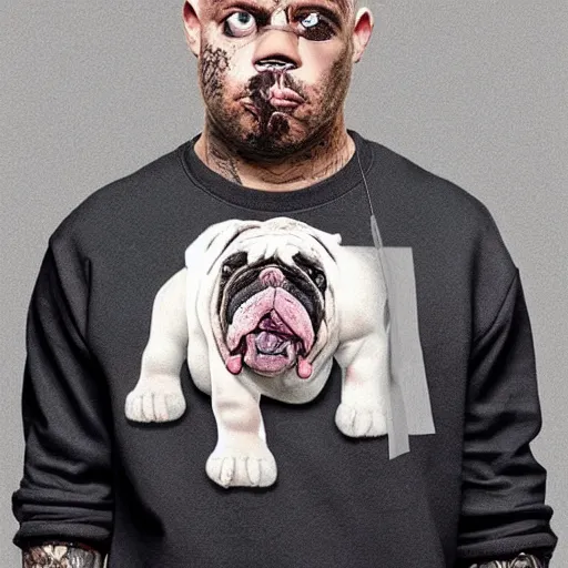 Prompt: a hyperrealistic portrait of an english bulldog as a gangster wearing hip hop clothes, streetwear, divorced