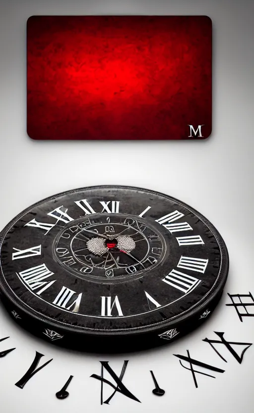 Image similar to a melting Roman numeral clock, behind a red and black gradient background, awith a black heart shaped on the top left corner and a black diamond card shape in the bottom right corner, dynamic lighting, photorealistic fantasy concept art, trending on art station, stunning visuals, cinematic, creative, ultra detailed