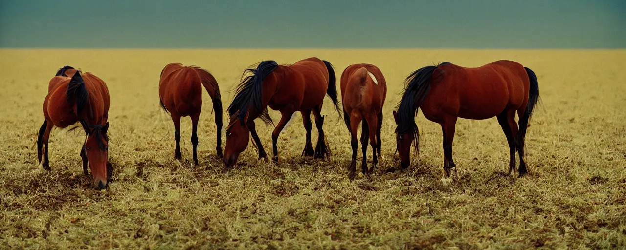 Image similar to wild horses eating spaghetti in a field, in the style of national geographic, canon 5 0 mm, film, kodachrome, retro, muted