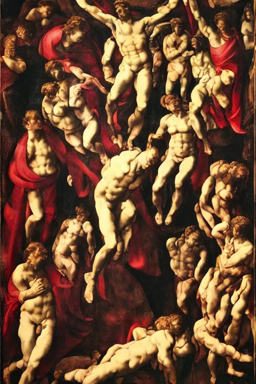 Image similar to a scene of a movie of michelangelo antonioni in the style of the last judgement by michelangelo. technicolor, grandiose, cinematic, 5 0 mm, highly detailed, romantic