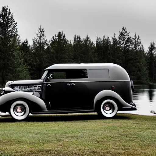 Prompt: photo of a black 1 9 3 6 chrysler airstream parked at a lake