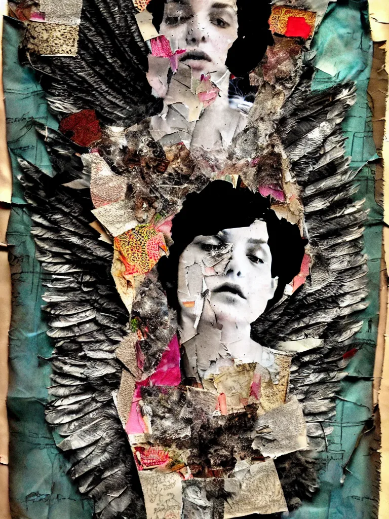 Image similar to a young adult angelgirl face obscured by smoke and ratty feathered angel wings, stressed and burnt out, collage effect, collaged, torn paper, torn paper collage, overexposure, overexposed, high exposure