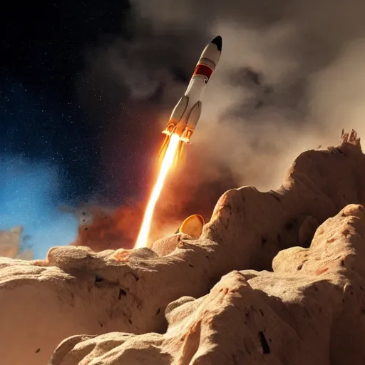 Image similar to a rocket blasting off into space, octane render, highly detailed, highly intricate, sense of scale and awe, highly detailed fire, smoke, ue 5, hyper - realistic, desert