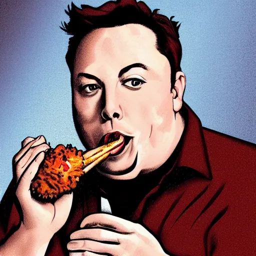 Prompt: portrait photograph of a fat elon musk eating a chicken drumstick, ultra detailed