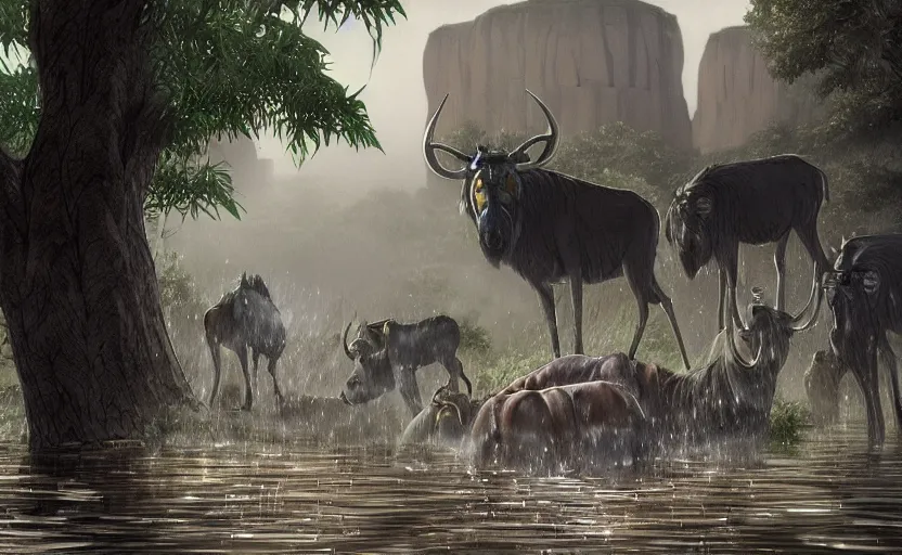Prompt: a realistic cell - shaded studio ghibli concept art from paprika ( 2 0 0 6 ) of a pack of wildebeest and a multi - colored cube from close encounters of the third kind ( 1 9 7 7 ) in a flooded monument valley stonehenge jungle with giant trees on a misty starry night. very dull colors, portal, hd, 4 k, hq