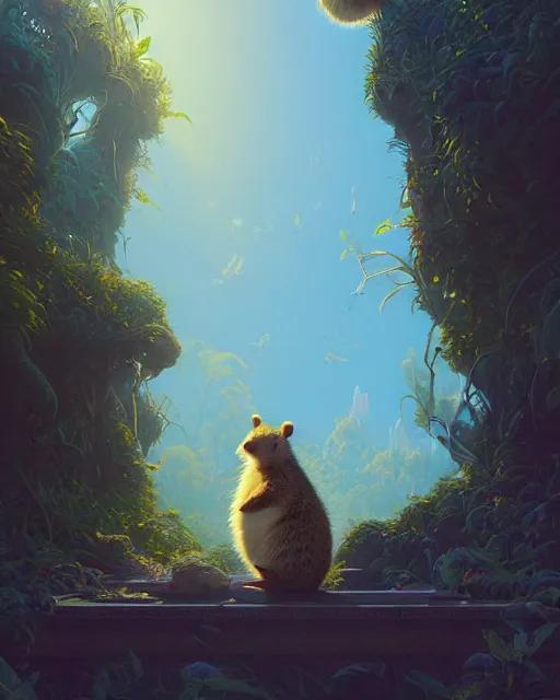 Image similar to highly detailed surreal vfx portrait of a sacred quokka, stephen bliss, unreal engine, greg rutkowski, loish, rhads, beeple, makoto shinkai and lois van baarle, ilya kuvshinov, rossdraws, tom bagshaw, alphonse mucha, global illumination, detailed and intricate environment