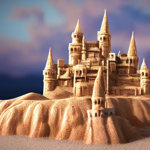 Image similar to life - like castle made of sand, 3 5 mm!!!!! lens, 4 k photorealism, trending on artstation, 4 k quality