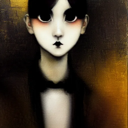 Image similar to yoshitaka amano blurred and dreamy minimalistic oil portrait of a young woman with black lipstick and black eyes wearing dress suit with tie, junji ito abstract patterns in the background, satoshi kon anime, noisy film grain effect, highly detailed, renaissance oil painting, wide brush strokes, weird portrait angle, blurred lost edges