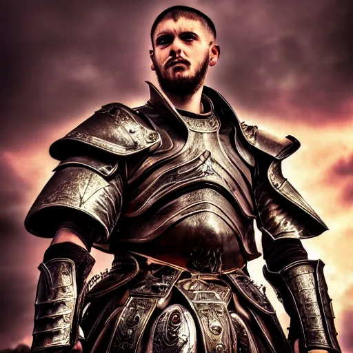 Image similar to portrait of a guy with battle armor,Grim fantasy, D&D, HDR, natural light, medium close shot, dynamic pose, award winning photograph, Mucha style