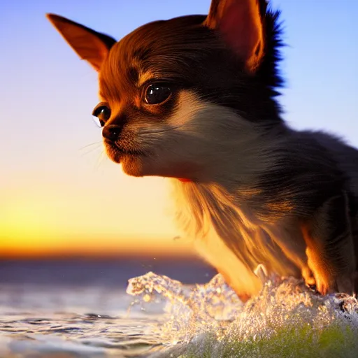 Image similar to a closeup photorealistic photograph of a cute kitten - chihuahua hybrid splashing in the surf during sunset. professional capture, well lit shot. this 4 k hd image is trending on artstation, featured on behance, well - rendered, extra crisp, features intricate detail, epic composition and the style of unreal engine.