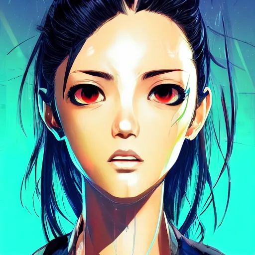 Image similar to A comic potrait of a cyberpunk cyborg girl with big and cute eyes, fine-face, realistic shaded perfect face, fine details. Night setting. Very anime style. Realistic shaded lighting poster by Ilya Kuvshinov katsuhiro, magali villeneuve, artgerm, Jeremy Lipkin and Michael Garmash, Rob Rey and Kentarõ Miura style, trending on art station