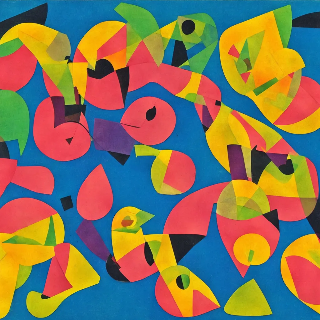 Prompt: apples and mangos in the style of eileen agar and olexander archipenko, noise, stroke cutout album cover art