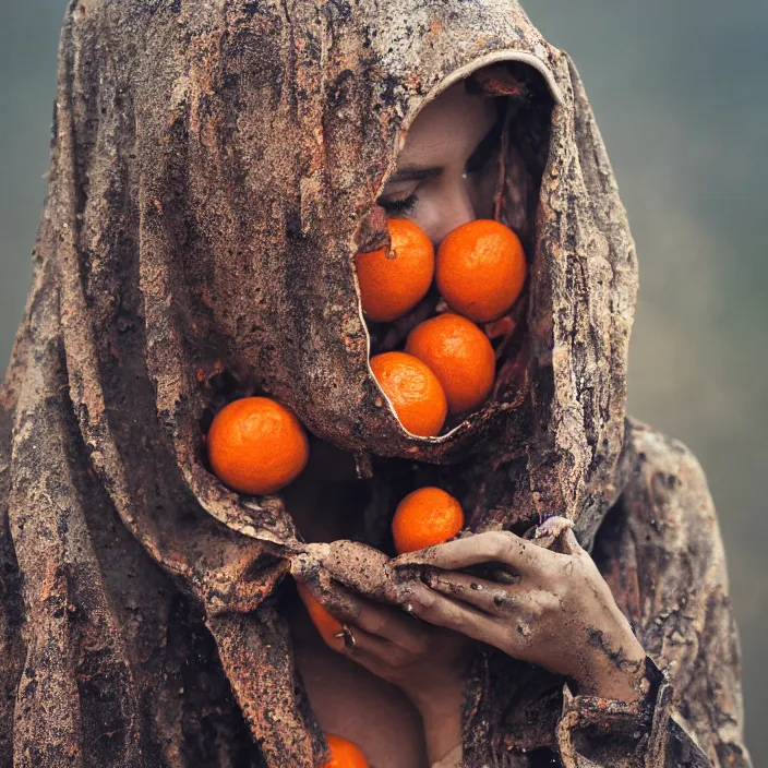 Image similar to a closeup portrait of a woman wearing a hood made of muddy rusty vinyl and plastic, picking oranges from a tree in an orchard, foggy, moody, photograph, by vincent desiderio, canon eos c 3 0 0, ƒ 1. 8, 3 5 mm, 8 k, medium - format print