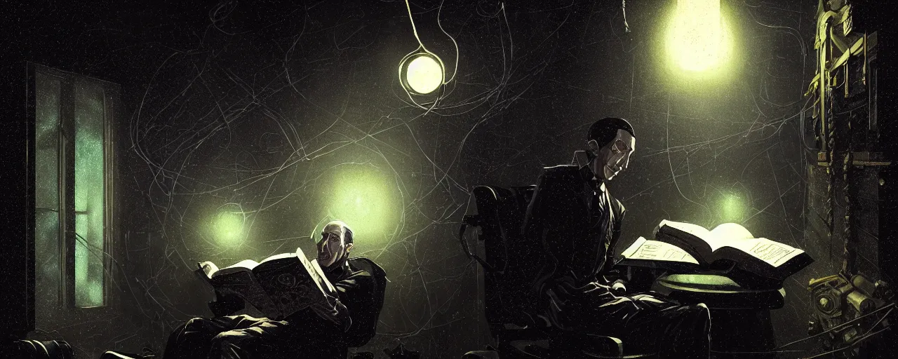 Image similar to duotone dark scifi illustration 3 / 4 portrait of hp lovecraft reading necronomicon. cinematic lighting mad scientist style. golden ratio accidental renaissance. by sachin teng and sergey kolesov and ruan jia and heng z. graffiti art, scifi, fantasy, hyper detailed. octane render. concept art. trending on artstation