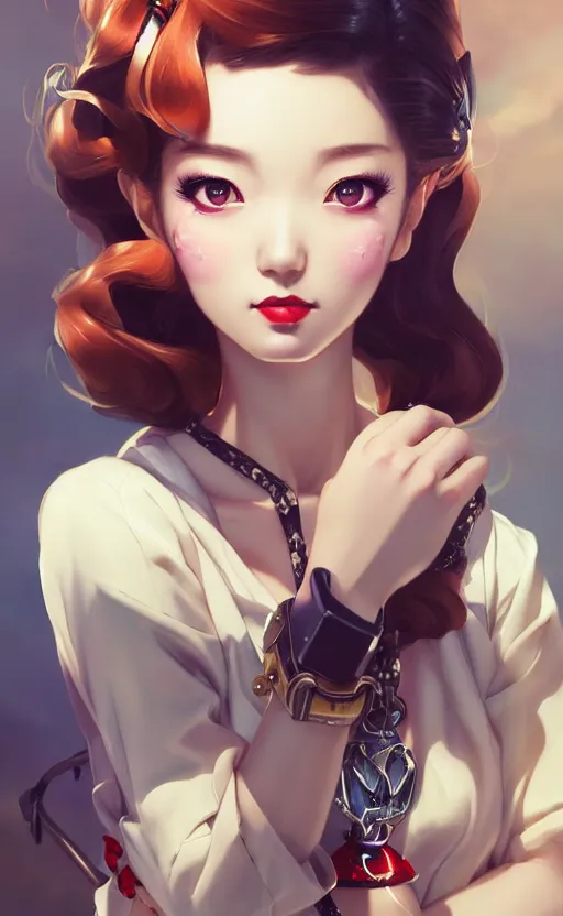 Image similar to a pin up and beautiful fashion and charming and dreamlke japan girl with lv jewelry, character art, art by artgerm lau and kyoung hwan kim and and ilya kuvshinov and john singer sargent, hyperdetailed, 8 k realistic, symmetrical, frostbite 3 engine, cryengine, dof, trending on artstation, digital art