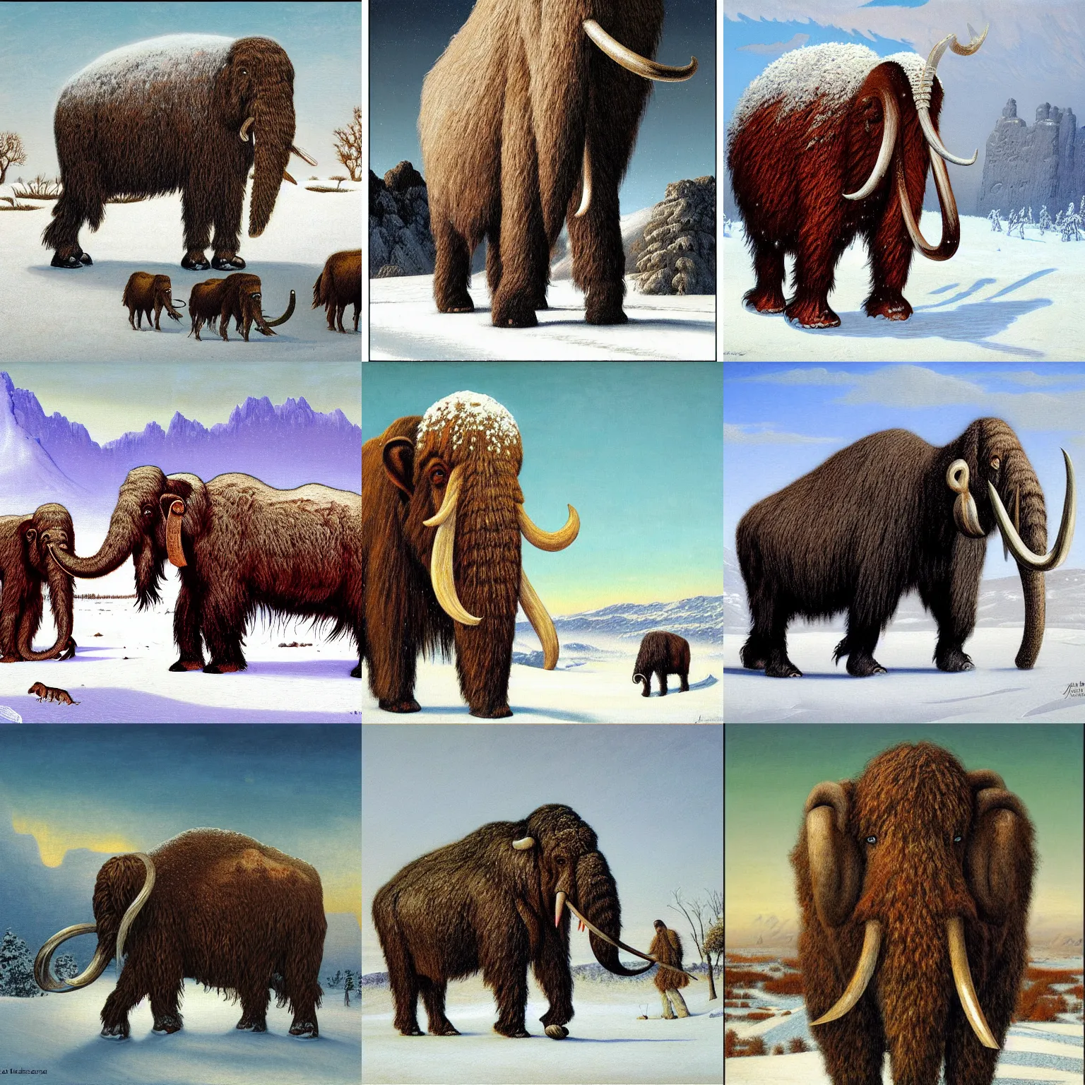 Prompt: a painting of a wooly mammoth in the snow, an illustration of by Johfra Bosschart, pixiv, primitivism, photoillustration, concept art, matte painting
