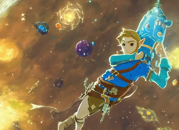 Prompt: zelda [ [ [ breath of the wild ] ] ], outer space, galaxy, stars, zero gravity, space station, aliens