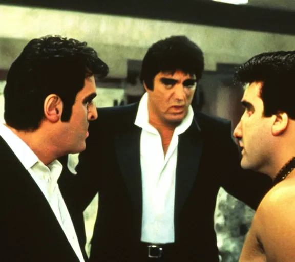 Image similar to film still of tony montana meeting the sopranos, scene directed by quintin tarantino.