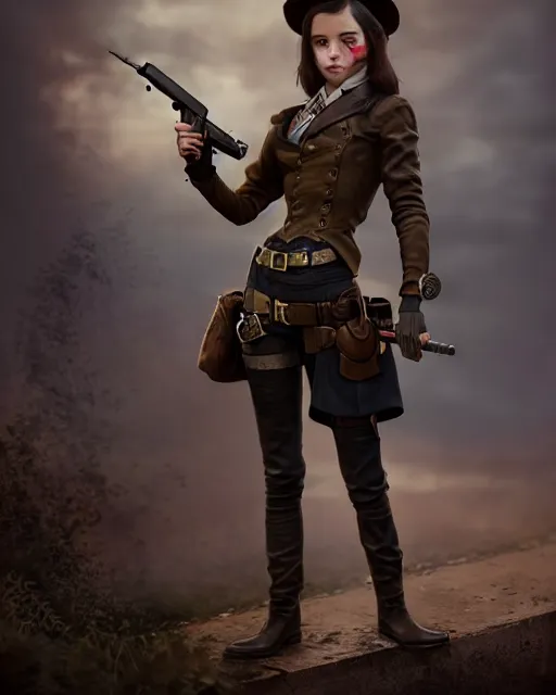 Image similar to Young girl in steampunk clothes, she wears boots and holds a gun, full body shot, sharp focus, photography, very detailed, dark hair, octane render, by greg rutkowski, by nikon, by Iphone, 4k