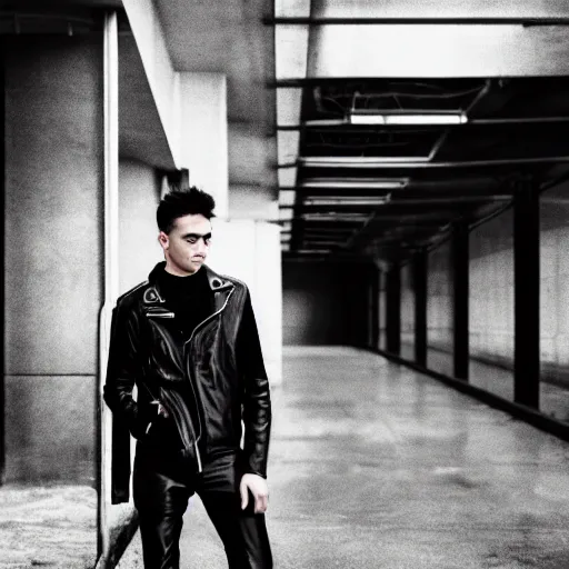 Image similar to a motion blurred young man in black leather, in a bleak industrial brutalist landscape