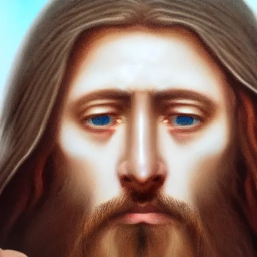 Image similar to uhd real 8 k photo of jesus showing his middle finger, digital art, portrait, portrait concept art, special effects, finely detailed, studio lighting, correct details, correct face, accurate middle finger