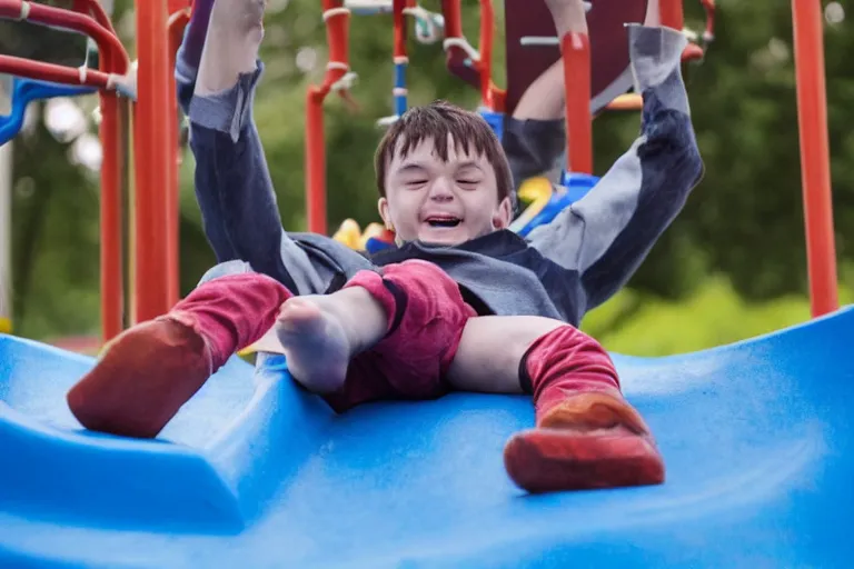 Image similar to Grogu going down a slide in a playground, still from the Mandalorian show, his arms are in the air and he’s smiling, shallow depth of field, Nikon 50mm f/1.8G