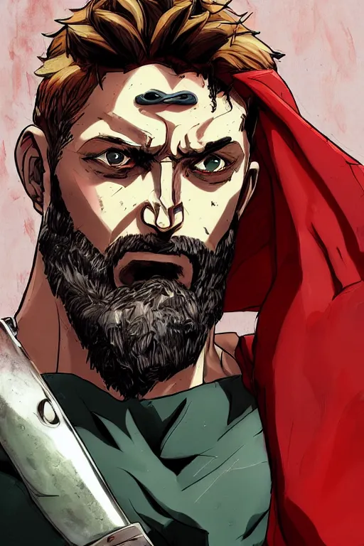 Image similar to Bearded handsome-spartan man Gerard-butler wearing red-cape, bodybuilder posing, portrait, JoJo cover art, JoJo anime style, David Production, style of Vento Aureo cover art, style of Stone Ocean cover art, style of Steel Ball Run cover art, style of JoJolion cover art, Ilya Kuvshinov style, Alexandra Fomina ArtStation, illustrated by Hirohiko Araki