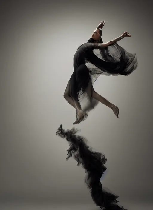 Image similar to a Photorealistic dramatic hyperrealistic render of a glamorous beautiful Female smoke dancer by Ken Brower and Deborah Ory of NYC Dance project,Lois Greenfield,Flowing cloth and smoke,Beautiful dynamic dramatic dark moody lighting,volumetric,shadows,cinematic atmosphere,Octane render,8K