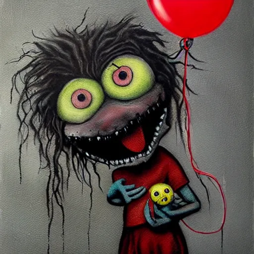 Image similar to grunge painting of elmo with a wide smile and a red balloon by chris leib, loony toons style, pennywise style, corpse bride style, horror theme, detailed, elegant, intricate