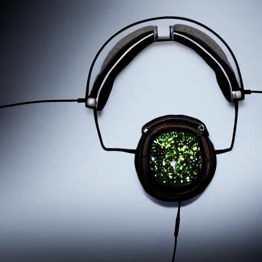 Image similar to photorealistic studio headphones covered in bismuth crystals