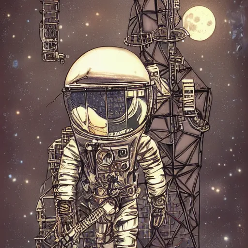 Image similar to Moon landing, Steampunk, by Yusuke Murata