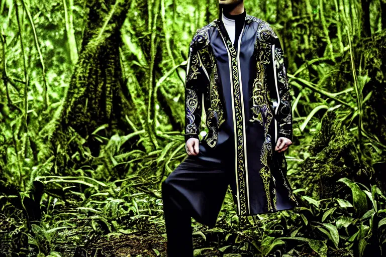 Image similar to versace avant garde male tunics intricate modern choatic textiles streetwear cyberpunk posing in the jungle woods cloudy overcast dark dramatic mysterious 3 5 mm professional